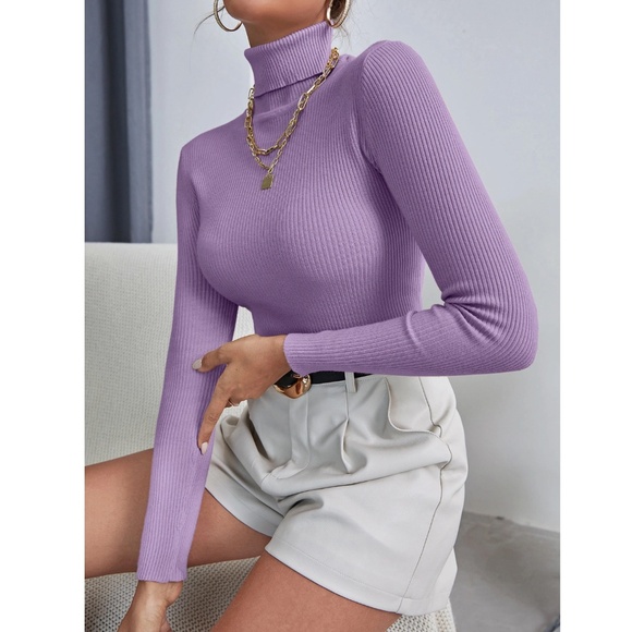 Lilac Purple Sweater Top Rib-Knit High Neck Turtleneck Long Sleeve - Picture 5 of 9